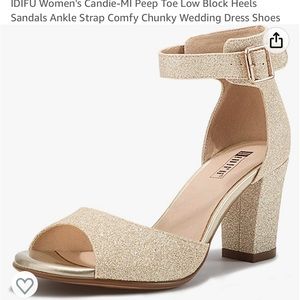 IDIFU Peep Toe Block Heel Gold Glitter Ankle Strap Shoe